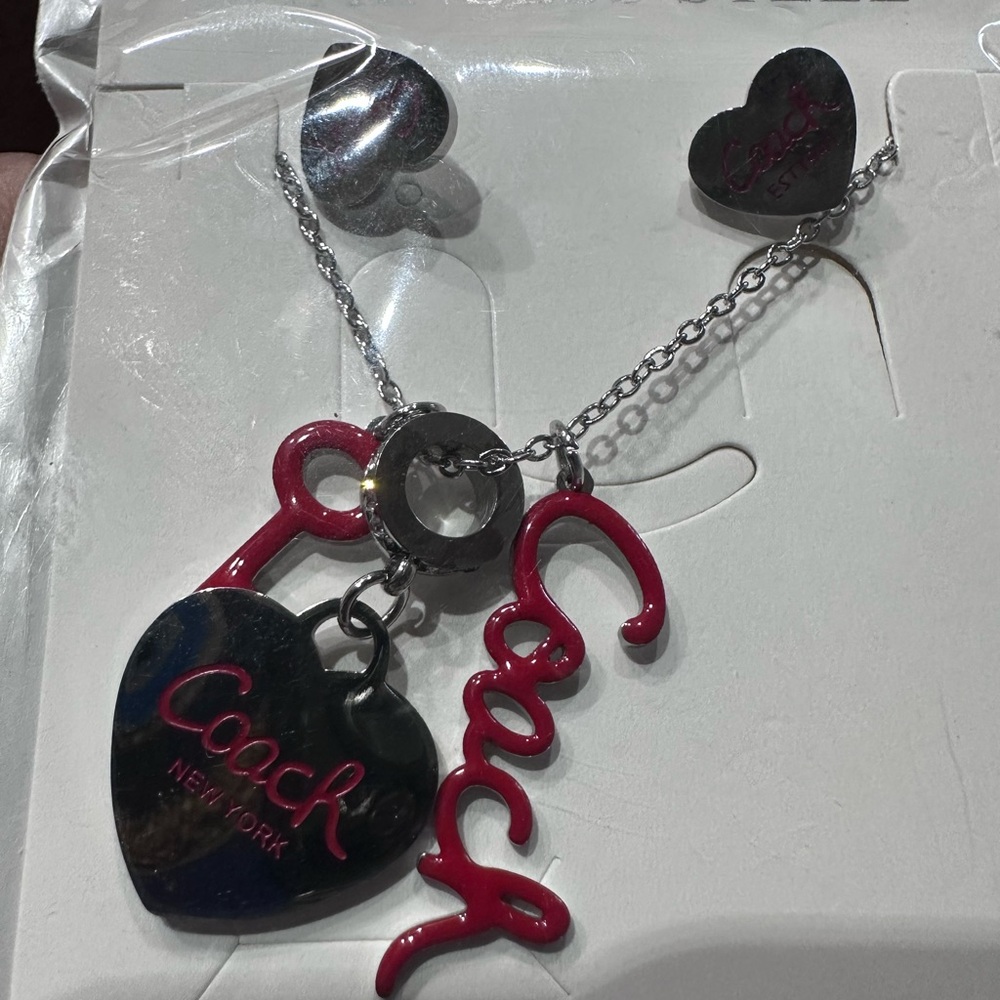 Coach Red and Silver Heart Charm Necklace